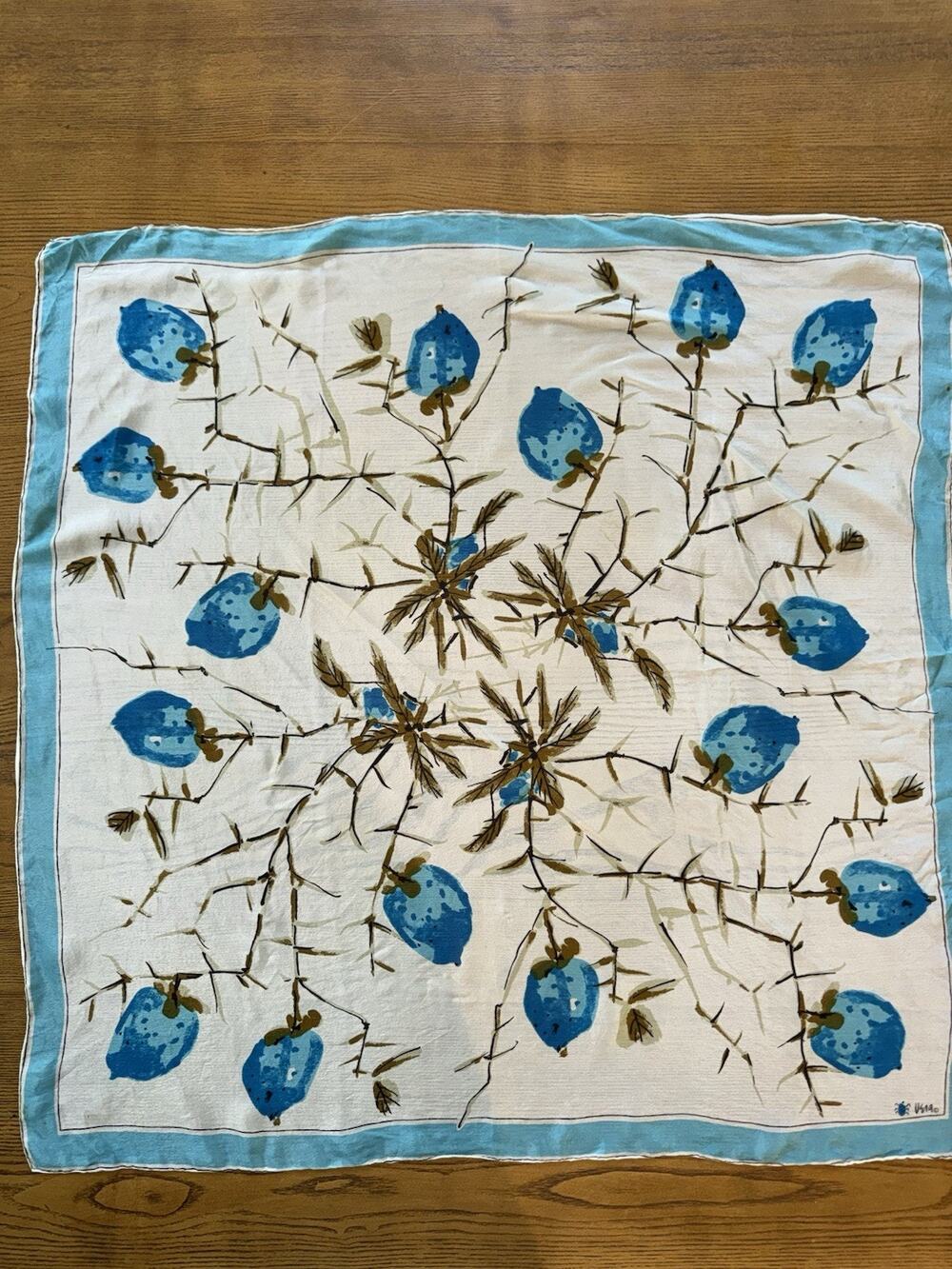Vintage Vera Neumann Silk Scarf Hand Rolled Blue Floral Ladybug 29” Square